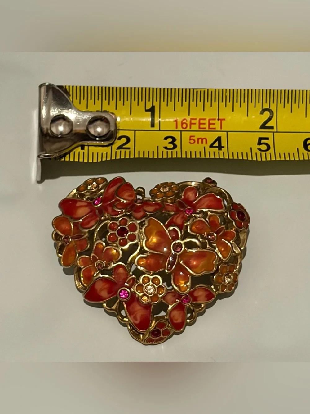 VTG Monet Enamel Brooch Butterfly Red Flower Heart Gold Tone Pin